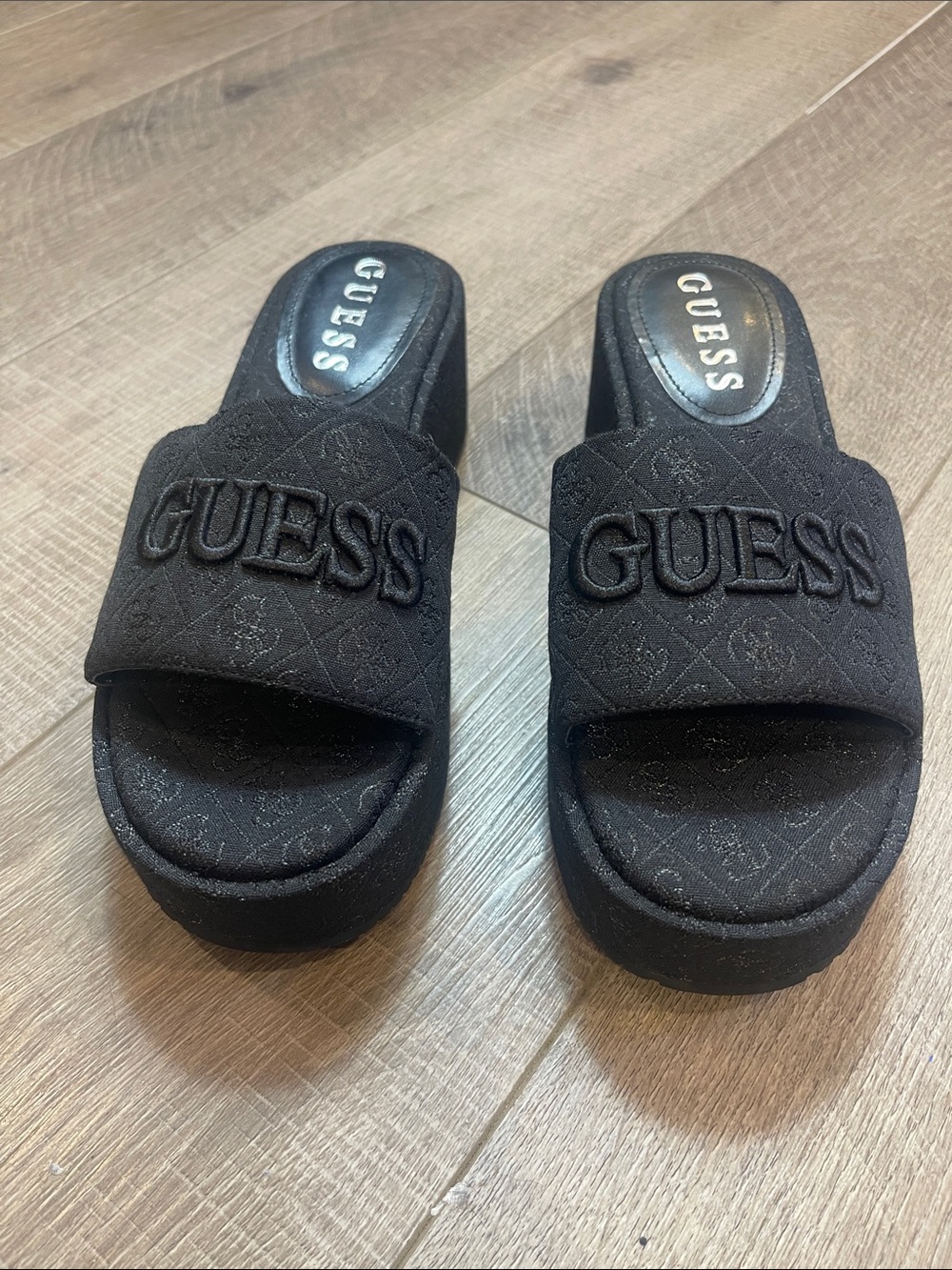 GUESS Black Quilted Slide Mules with Raised Logo